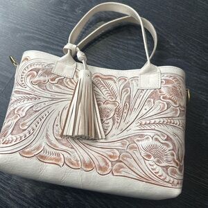 Chic Cream and brown hand tooled Shoulder Bag